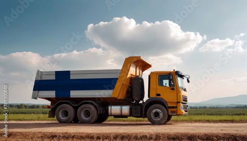 A truck adorned with the Finland flag parked at a quarry  symbolizing American construction. Capturing the essence of building and development in the Finland