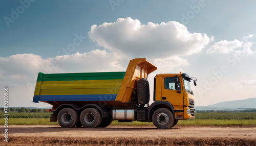 A truck adorned with the Gabon flag parked at a quarry  symbolizing American construction. Capturing the essence of building and development in the Gabon