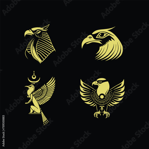 Egyptian god Horus logo icon design template. collection of images of the sacred Egyptian Falcon bird. Animal and human. elegant luxury gold flat vector
