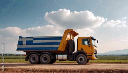 A truck adorned with the Greece flag parked at a quarry  symbolizing American construction. Capturing the essence of building and development in the Greece