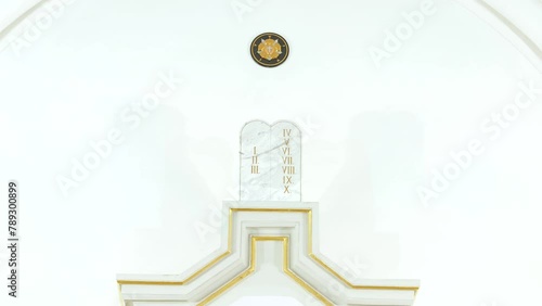 Graphic representation of the Ten Commandments on wall of reformed Lutheran temple.