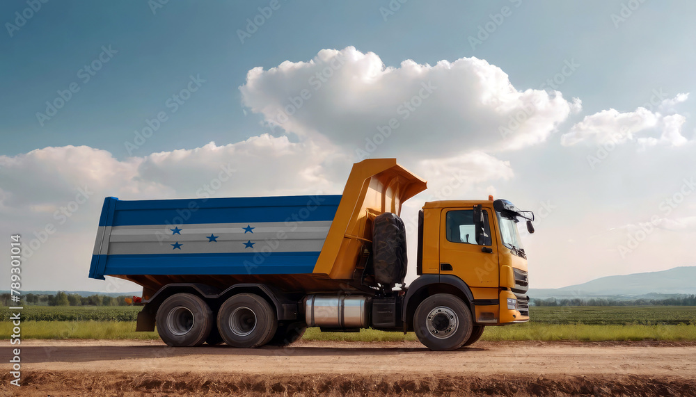 A truck adorned with the Honduras flag parked at a quarry, symbolizing American construction. Capturing the essence of building and development in the Honduras A truck adorned with the Honduras flag parked at a quarry, symbolizing American construction. Capturing the essence of building and development in the Honduras