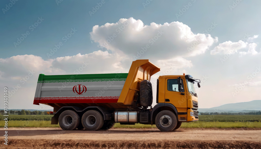 Fototapeta premium A truck adorned with the Iran flag parked at a quarry, symbolizing American construction. Capturing the essence of building and development in the Iran