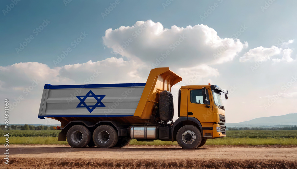 A truck adorned with the Israel flag parked at a quarry, symbolizing American construction. Capturing the essence of building and development in the Israel