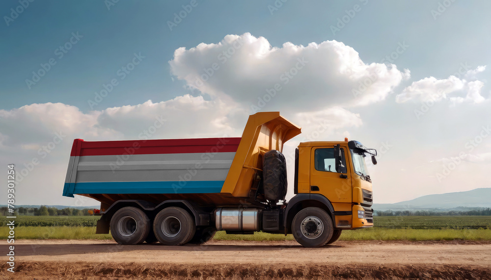 A truck adorned with the Luxembourg flag parked at a quarry, symbolizing American construction. Capturing the essence of building and development in the Luxembourg A truck adorned with the Luxembourg flag parked at a quarry, symbolizing American construction. Capturing the essence of building and development in the Luxembourg