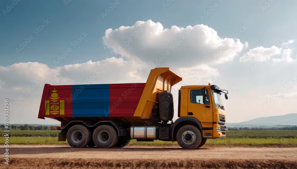 A truck adorned with the Mongolia flag parked at a quarry, symbolizing American construction. Capturing the essence of building and development in the Mongolia