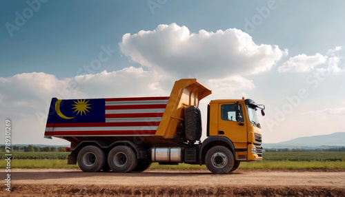 A truck adorned with the Malaysia flag parked at a quarry  symbolizing American construction. Capturing the essence of building and development in the Malaysia