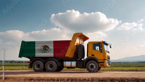 A truck adorned with the Mexico flag parked at a quarry  symbolizing American construction. Capturing the essence of building and development in the Mexico