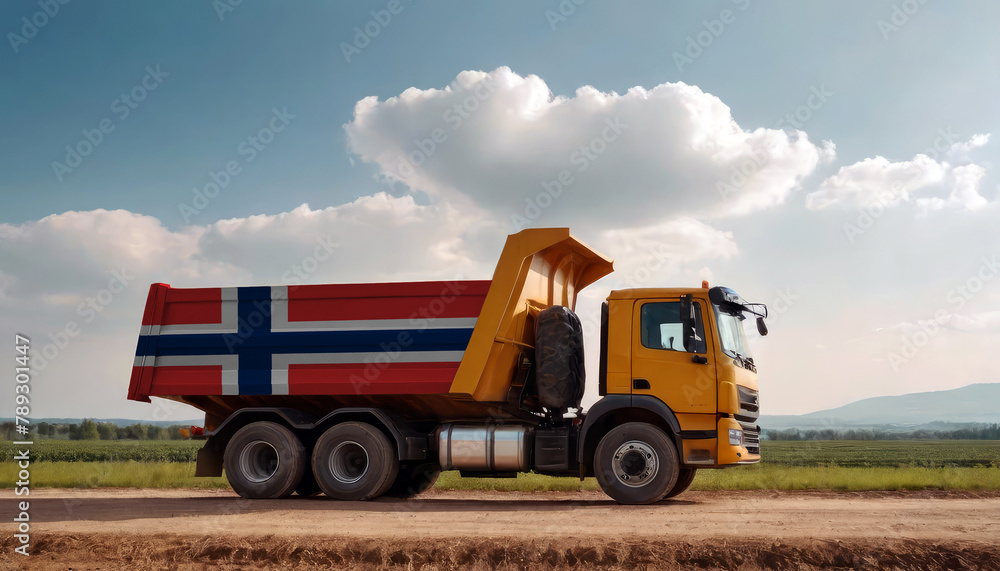 Fototapeta premium A truck adorned with the Norway flag parked at a quarry, symbolizing American construction. Capturing the essence of building and development in the Norway