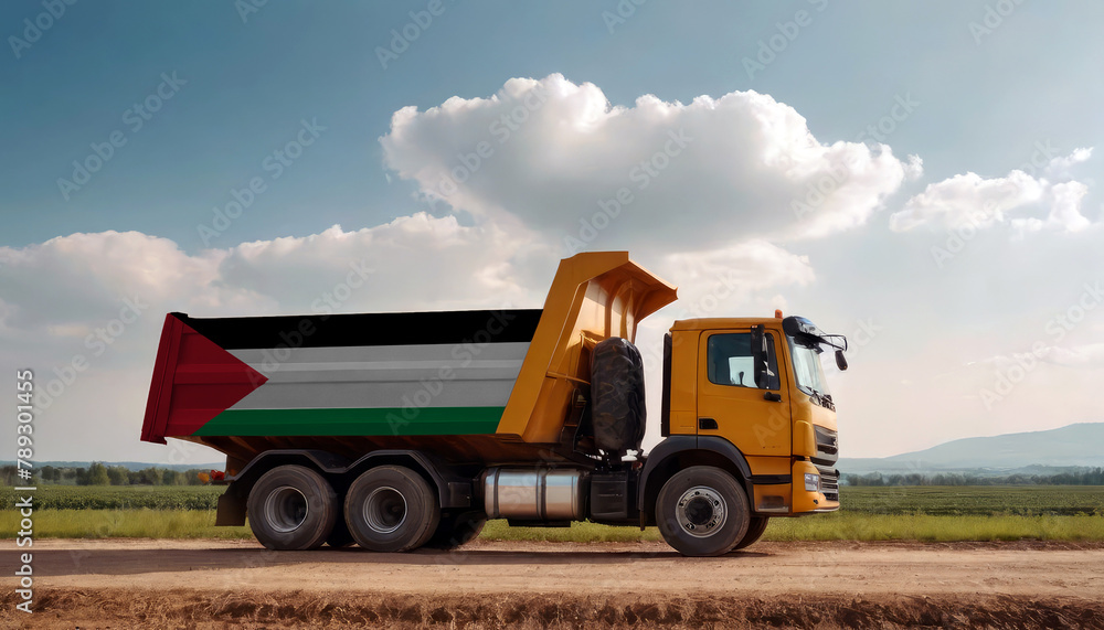 A truck adorned with the Palestine flag parked at a quarry, symbolizing American construction. Capturing the essence of building and development in the Palestine A truck adorned with the Palestine flag parked at a quarry, symbolizing American construction. Capturing the essence of building and development in the Palestine