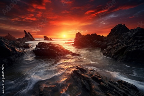 Sunset Over Ocean With Rocks in Foreground