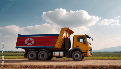 A truck adorned with the North Korea flag parked at a quarry  symbolizing American construction. Capturing the essence of building and development in the North Korea