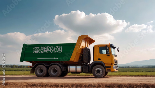 A truck adorned with the Saudi Arabia flag parked at a quarry, symbolizing American construction. Capturing the essence of building and development in the Saudi Arabia