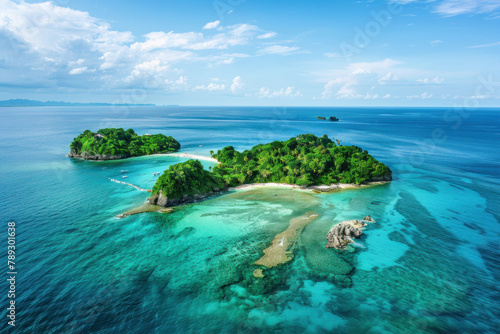 aerial view of tropical islands with clear blue water and lush greenery. perfect natural landscape background for travel advertising or vacation promotion