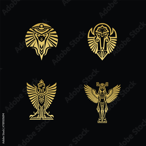Egyptian god Horus logo icon design template. collection of images of the sacred Egyptian Falcon bird. Animal and human. elegant luxury gold flat vector
