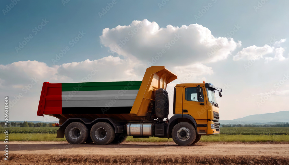 A truck adorned with the United Arab Emirates flag parked at a quarry, symbolizing American construction. Capturing the essence of building and development in the United Arab Emirates A truck adorned with the United Arab Emirates flag parked at a quarry, symbolizing American construction. Capturing the essence of building and development in the United Arab Emirates