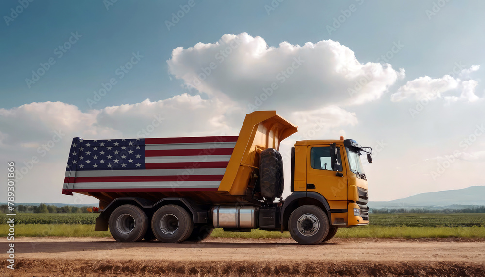 Fototapeta premium A truck adorned with the USA flag parked at a quarry, symbolizing American construction. Capturing the essence of building and development in the USA