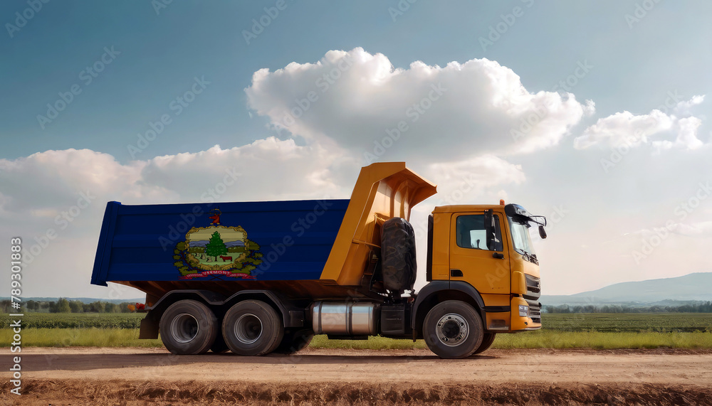 Obraz premium A truck adorned with the Vermont flag parked at a quarry, symbolizing American construction. Capturing the essence of building and development in the Vermont