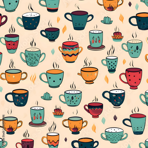 Seamless pattern with colorful cups of coffee. Vector illustration.