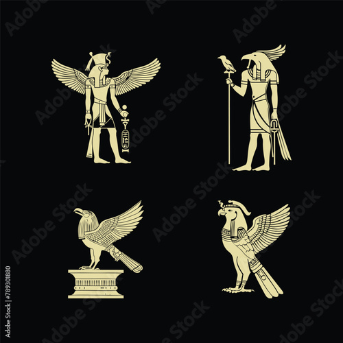 Egyptian god Horus logo icon design template. collection of images of the sacred Egyptian Falcon bird. Animal and human. elegant luxury gold flat vector
