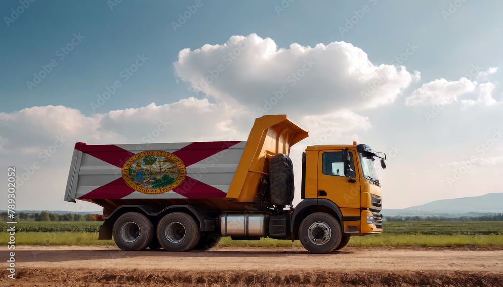 Fototapeta premium A truck adorned with the Florida flag parked at a quarry, symbolizing American construction. Capturing the essence of building and development in the Florida