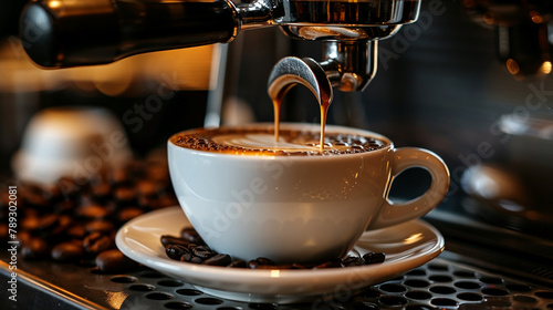 Wide panoramic background photo of beautiful white color cappuccino coffee cup with art on a machine and pouring coffee into cup from the machine