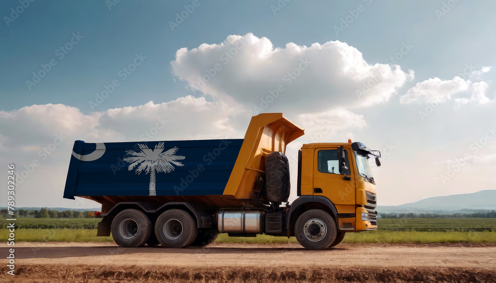 Fototapeta premium A truck adorned with the South Carolina flag parked at a quarry, symbolizing American construction. Capturing the essence of building and development in the South Carolina