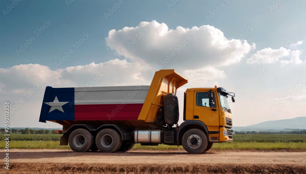 A truck adorned with the Texas flag parked at a quarry, symbolizing American construction. Capturing the essence of building and development in the Texas A truck adorned with the Texas flag parked at a quarry, symbolizing American construction. Capturing the essence of building and development in the Texas