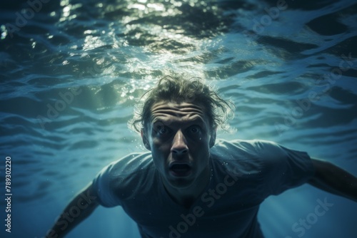 Man in White Shirt Submerged Underwater © Constantine M
