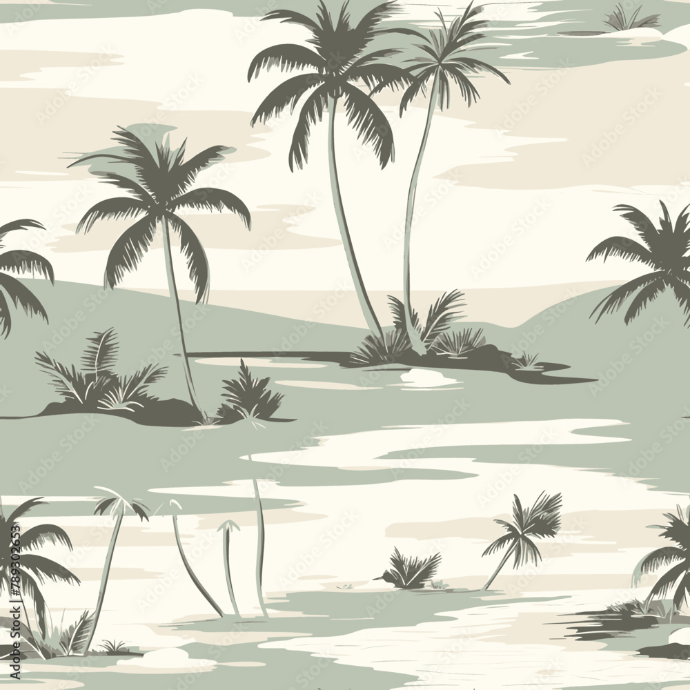 Seamless pattern with palm trees and sea. Vector illustration.