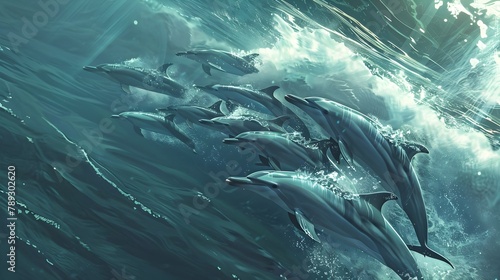 A Pod of Dolphins Gracefully Swimming Through the Vibrant Ocean Waves