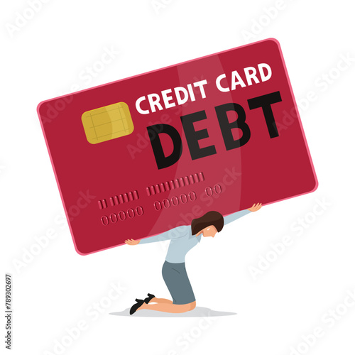 A Businesswoman Bearing Credit Card Debt.White background, 
credit card debt cricis concept.Flat, Vector, Illustration, Cartoon, EPS10.