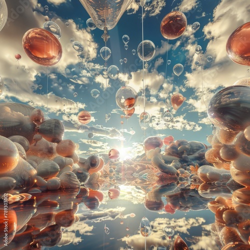 3D surreal balloons lifting an abstract landscape