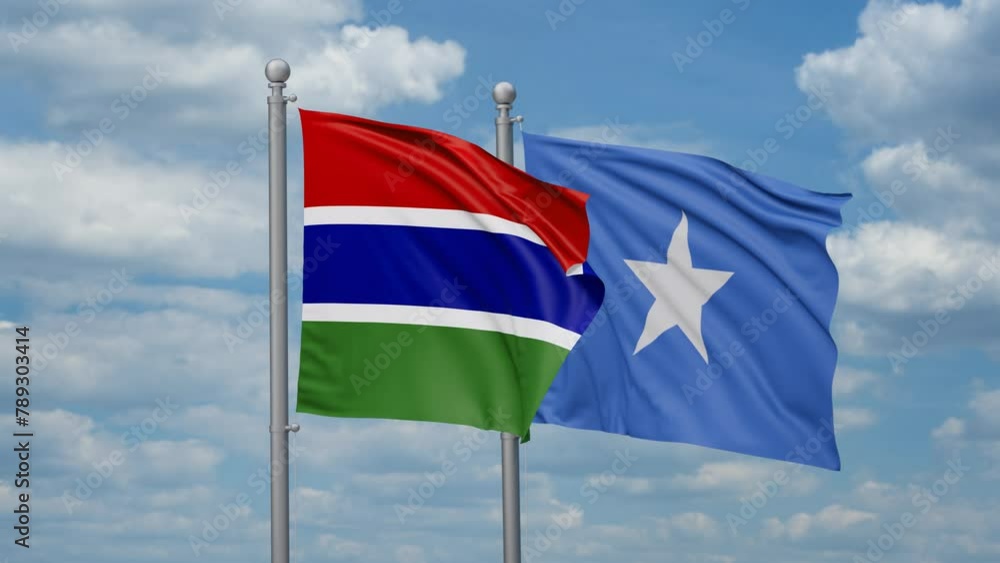 Somalia and Gambia two flags waving together, looped video, two country cooperation concept Somalia and Gambia two flags waving together, looped video, two country cooperation concept