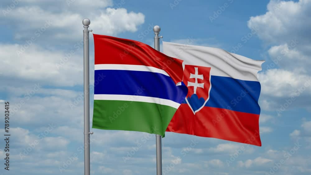 Slovak Republic or Slovakia and Gambia two flags waving together, looped video, two country cooperation concept Slovak Republic or Slovakia and Gambia two flags waving together, looped video, two country cooperation concept