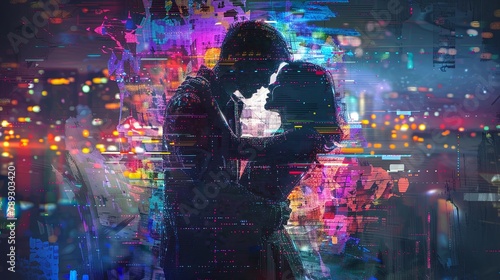 Digital artwork featuring the silhouette of a couple embracing, overlaid with a vibrant, glitchy cityscape full of colorful lights.