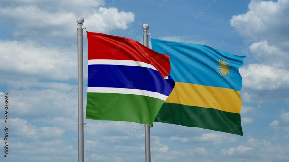 Republic of Rwanda and Gambia two flags waving together, looped video, two country cooperation concept Republic of Rwanda and Gambia two flags waving together, looped video, two country cooperation concept