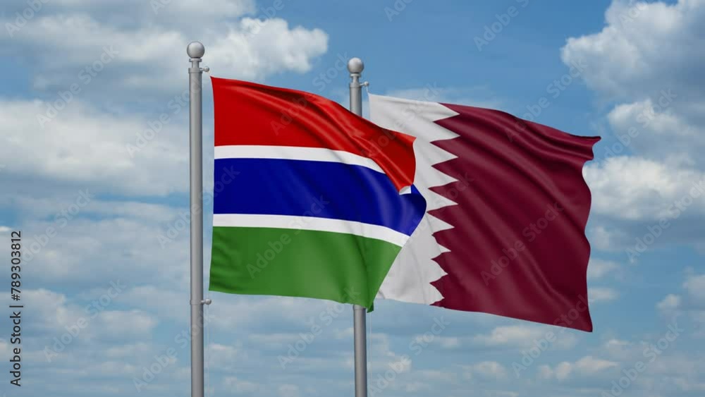 Qatar and Gambia two flags waving together, looped video, two country cooperation concept Qatar and Gambia two flags waving together, looped video, two country cooperation concept