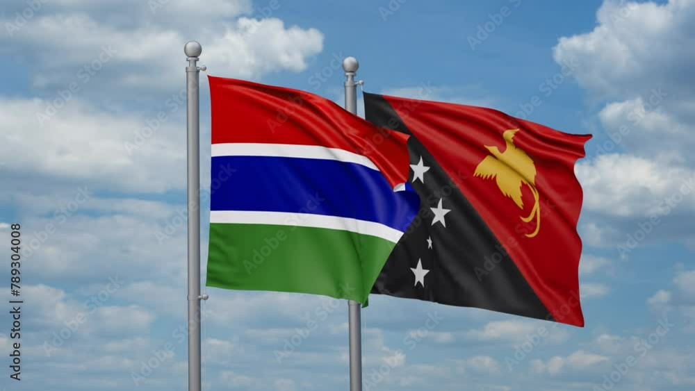 Papua New Guinea and Gambia two flags waving together, looped video, two country relations concept Papua New Guinea and Gambia two flags waving together, looped video, two country relations concept
