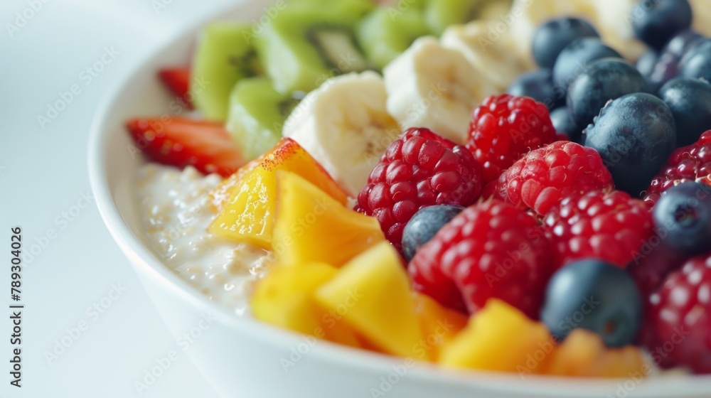 Creamy Oatmeal Bowl with Fresh Fruits in Minimalist Setting Creamy Oatmeal Bowl with Fresh Fruits in Minimalist Setting
