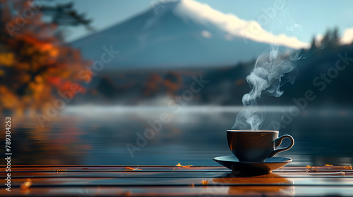 Cup of hot coffee on a wooden table next to a lake. The background is a picture of Mount Fuji.