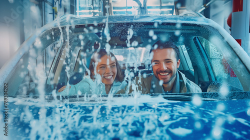 Mit offenem Dach von Cabrio durch die Waschstraße fahren lsutig amüsant mit Mann und Frau in der Waschanlage Schaumparty im Allttag mit Wasserschaden Versicherung melden Generative AI photo