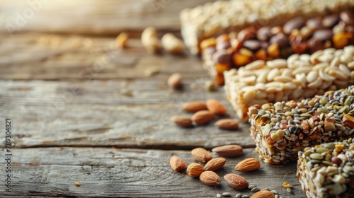 Protein Bars with Nuts and Seeds on Rustic Wooden Table