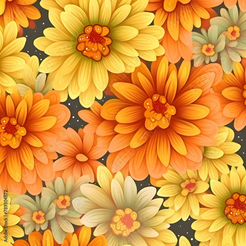 Seamless pattern with orange chrysanthemums. Vector illustration.