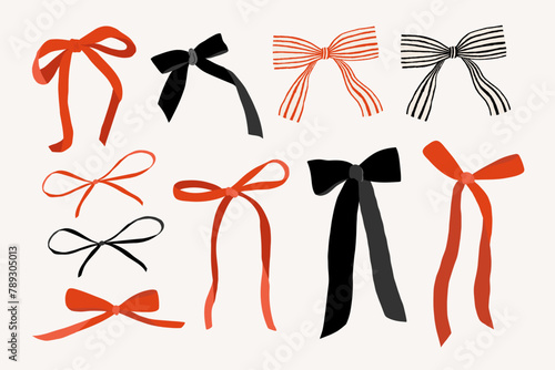Various colorful Bow knots elements, gift bows. Hand drawn trendy Vector illustration. Wedding celebration, holiday, party birthday decoration, gift, present concept.