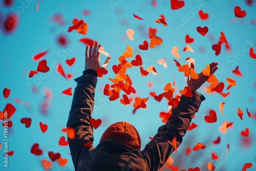 An unrecognizable man throws a handful of red confetti into the sky during Valentine's Day celebrations. generative ai