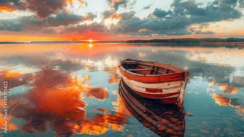 old wooden boat on calm water at sunset, reflecting the sky in beautiful colors