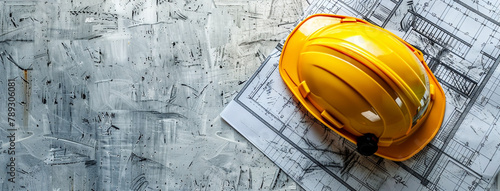 Arial view photo of a contractors table with yellow color safety helmet and construction drawing blueprint on a concrete table