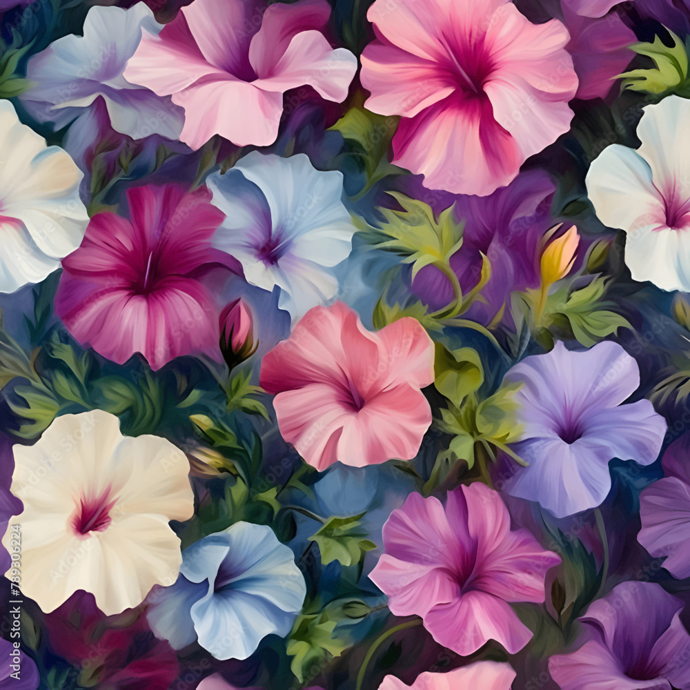 Seamless pattern of multicolored hibiscus flowers