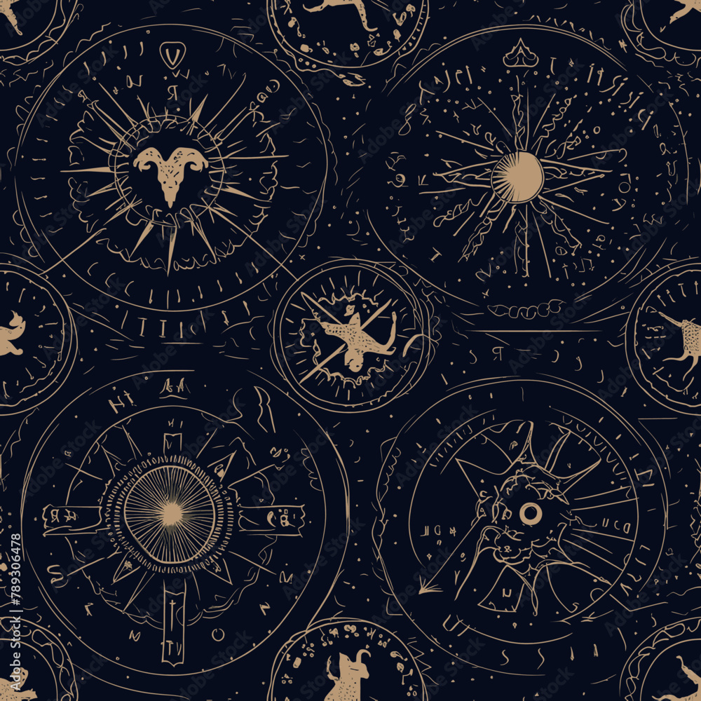 Seamless pattern with hand drawn vintage compass. Vector illustration.